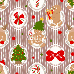 Cute Gingerbread Christmas Seamless Pattern, Blue Holiday Cookie Digital Paper, Sweet Christmas Tree and Bow