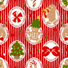 Cute Gingerbread Christmas Seamless Pattern, Blue Holiday Cookie Digital Paper, Sweet Christmas Tree and Bow