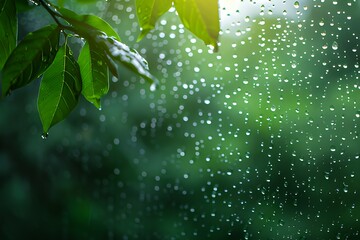 Raindrops on window with blurred green background