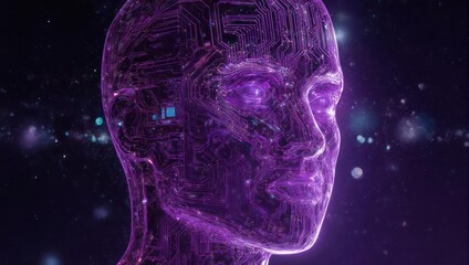 Abstract Purple Humanoid Head with Digital Circuitry and Glowing Particles.