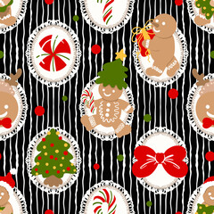 Cute Gingerbread Christmas Seamless Pattern, Blue Holiday Cookie Digital Paper, Sweet Christmas Tree and Bow