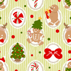 Cute Gingerbread Christmas Seamless Pattern, Blue Holiday Cookie Digital Paper, Sweet Christmas Tree and Bow