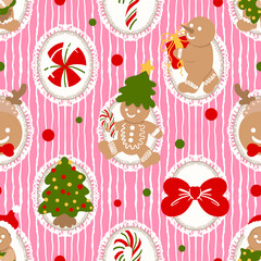 Cute Gingerbread Christmas Seamless Pattern, Blue Holiday Cookie Digital Paper, Sweet Christmas Tree and Bow