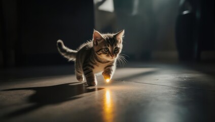 Adorable Tabby Kitten Walking in Dramatic Light.