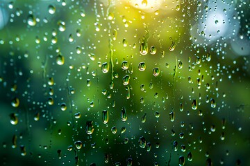 Raindrops on window with blurred green background