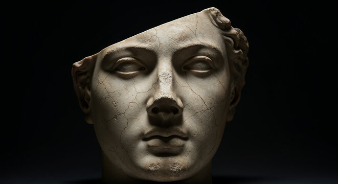 A broken marble head fragment of an ancient statue, missing the nose and part of the cheek.