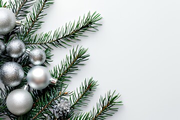Silver ornaments and pine branches on white background
