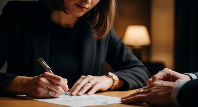 Professional woman signing legal document in business meeting