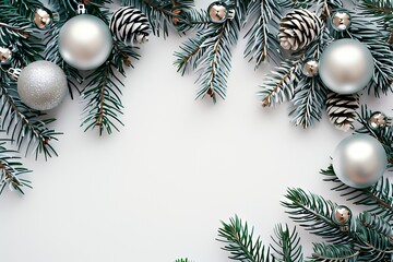 Silver ornaments and pine branches on white background