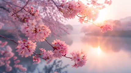 Cherry blossoms over calm river at sunrise