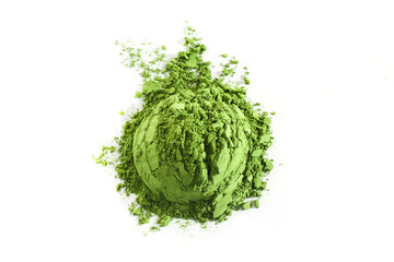 Matcha Powder. A vibrant green mound of matcha powder on a clean white background.