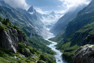 Obraz premium Majestic mountain valley with river flowing through during a clear day