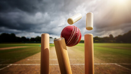 Red cricket ball hitting wooden stumps under stormy sky image