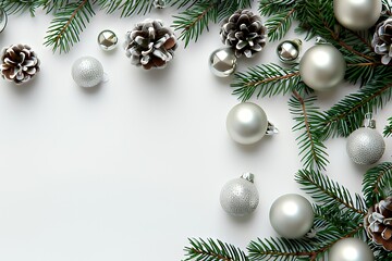 Silver ornaments and pine branches on white background