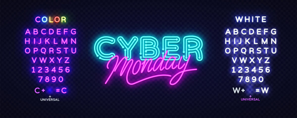 Bright Cyber Monday neon lettering with full typeface sets on both sides, ideal for editing text and designing promo graphics. Vector illustration