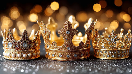 Elegant Gold Crowns with Gems and Pearls in Sparkling Bokeh Background.Three Kings Day concept