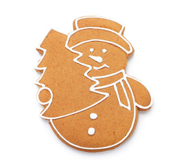 Tasty gingerbread cookie in shape of snowman isolated on white, top view. Christmas treat