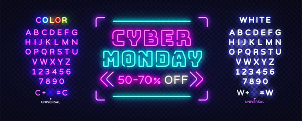 Futuristic Cyber Monday neon banner framed with light arrows and full typeface packs, great for editable sale designs. Vector illustration