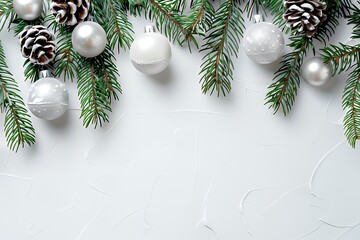 Silver ornaments and pine branches on white background