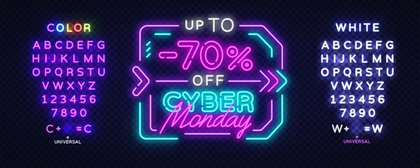 Neon Cyber Monday discount banner with glowing letters and numbers for editable text, perfect for customizing digital ads. Vector illustration