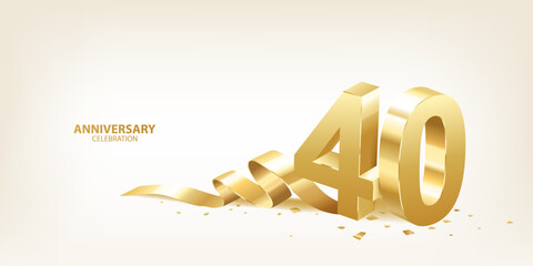40th Anniversary celebration background. 3D Golden numbers with ribbon and confetti.