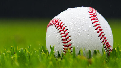 White baseball with red stitching on wet green grass image