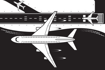 Passenger plane flying over an airport by the sea - vector illustration