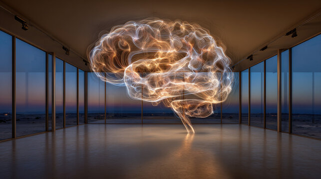 Empty gallery room with giant AR hologram of human brain — conceptual art meets tech minimal, neon smoke filaments, twilight tones - Powered by Adobe