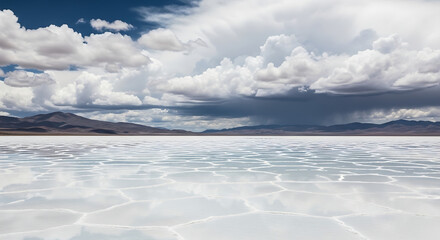 A vast expanse of white salt flats under a dramatic sky with mountains in the far distance view ai generated