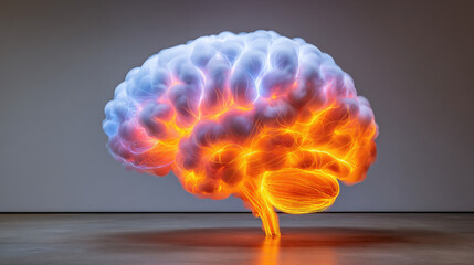 Empty gallery room with giant AR hologram of human brain — conceptual art meets tech minimal, neon smoke filaments, twilight tones