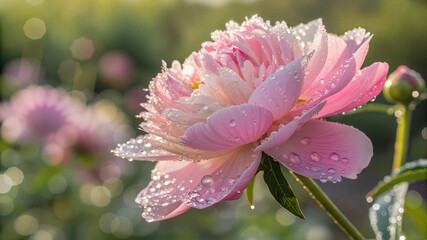 Pink lotus flower with dew drops in morning light