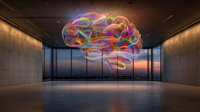 Empty gallery room with giant AR hologram of human brain — conceptual art meets tech minimal, neon smoke filaments, twilight tones