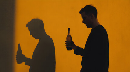 Conceptual Portrait: Man's Silhouette and Shadow Holding a Beer Bottle on an Orange Wall
