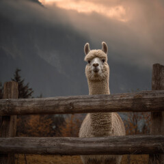 Obraz premium Cute alpaca looking over wooden fence in mountains