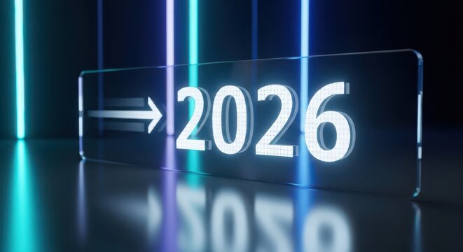 The year 2026 is displayed on a futuristic digital sign with neon lights