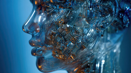 AI robot sculpting human bust from translucent glass and light — futuristic creativity and emotional connection