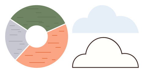 Multicolored segmented circle symbolizing data distribution next to outlined and filled cloud figures. Ideal for data visualization, cloud computing, weather, technology, sharing, innovation, simple