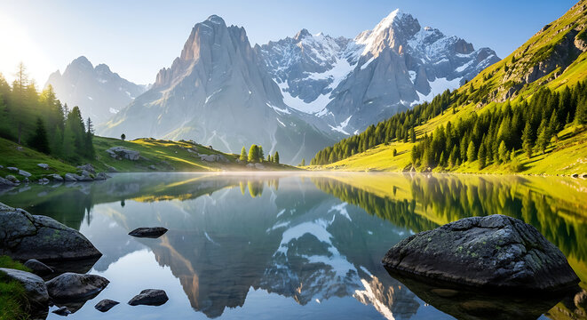 A scenic view of a lake reflecting snow capped mountains and lush green hills under a clear blue sky ai generated