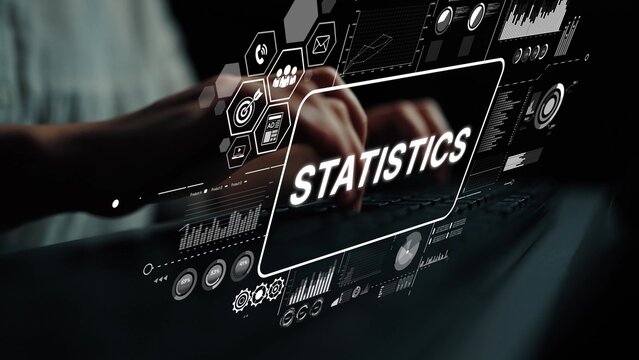 Modern Data Analysis Concept with User Typing on Keyboard Surrounded by Visual Statistics and Graphical Charts. Asymptotic smart data analytic.