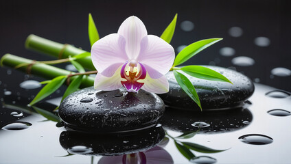 White orchid on spa stones with water reflection