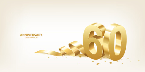 60th Anniversary celebration background. 3D Golden numbers with ribbon and confetti.