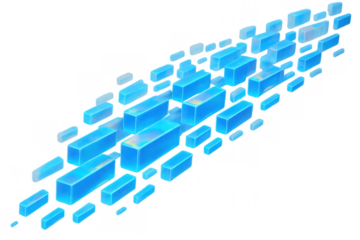 Blue data blocks streaming in a futuristic grid pattern, representing software, technology, and coding on transparent background