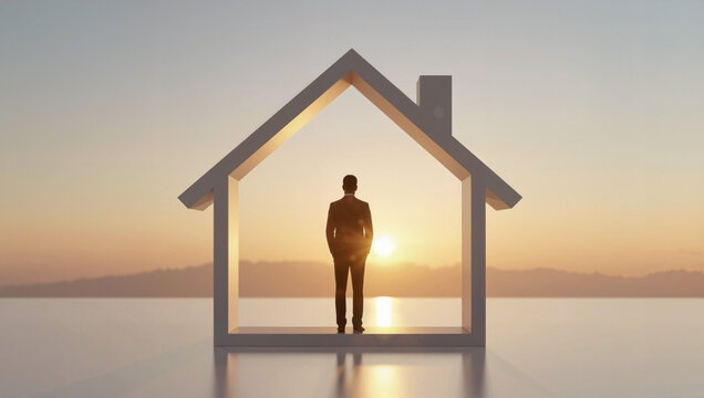 Minimalist house icon with human figure at sunset