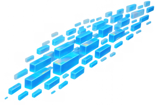 Blue data blocks streaming in a futuristic grid pattern, representing software, technology, and coding on transparent background - Powered by Adobe