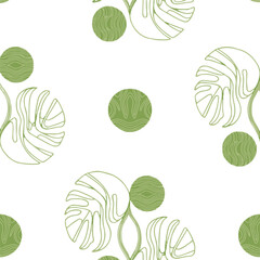 botanical seamless pattern monstera leaves geometric wave circles