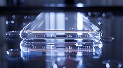 Futuristic transparent smartphone on reflective surface