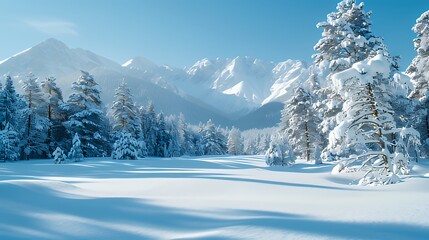 Snow-covered pine forest with mountain backdrop