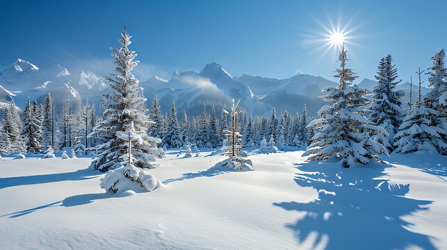 Snow-covered pine forest with mountain backdrop