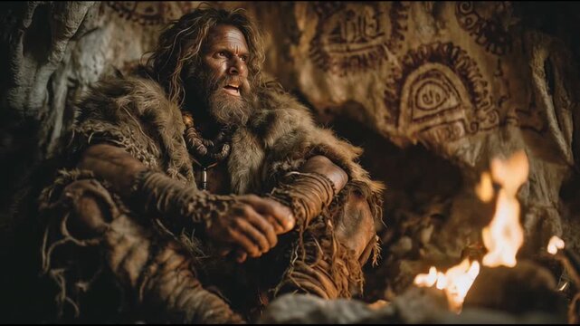 Pensive ancient caveman sitting by fire in cave with wall art: contemplative moments in prehistoric era, concept of stone age