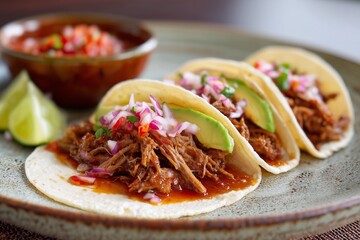 Tasty taco trio arranged diagonally on a textured ceramic plate, garnished with fresh ingredients and accompanied by a bowl of salsa, perfect for culinary enthusiasts and food lovers